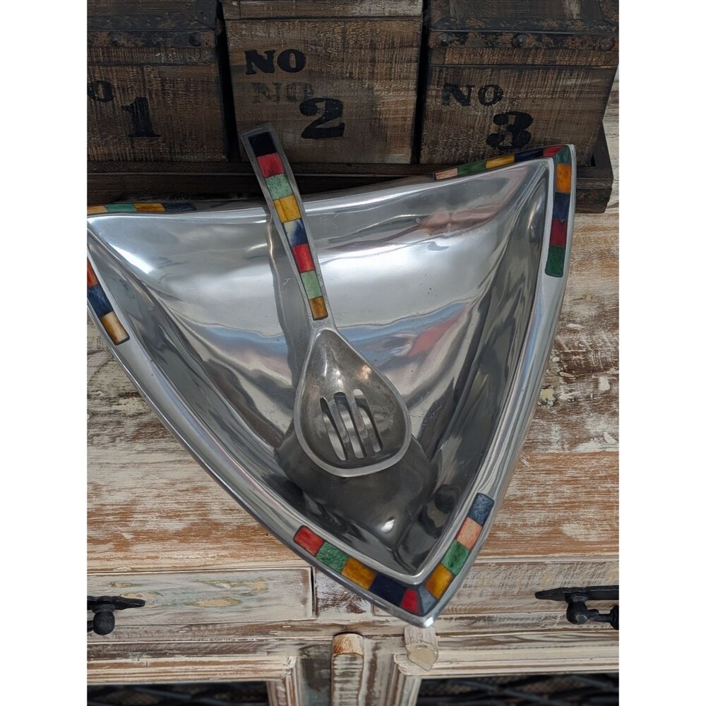 Triangular Silver Tone Metal Bowl w Matching Spoon Dyed Bone Inlay Centerpiece